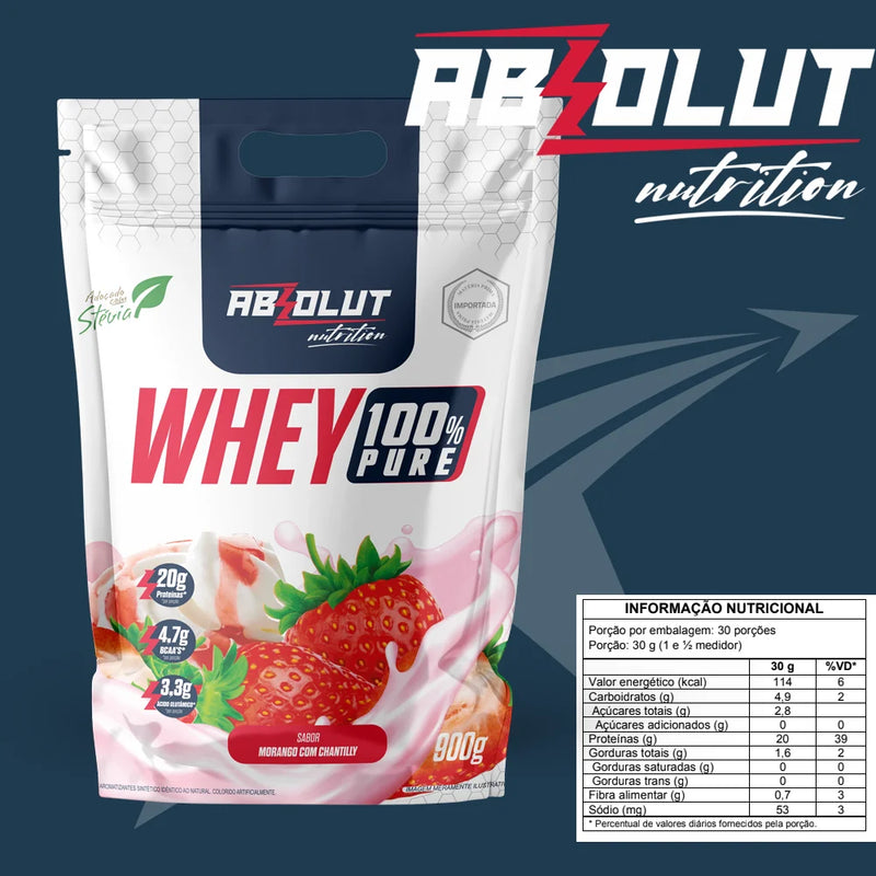 Whey Protein 100% Puro Refil 900g Morango com Chantilly - Absolut Nutrition